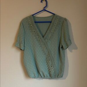 Lace Trim V-Neck Blouse - Light Green